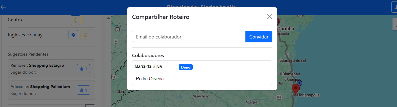 Modal de compartilhamento e seção de sugestões.