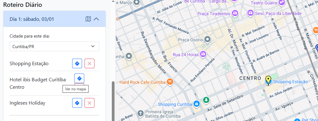 Detalhe do itinerário diário com locais salvos.