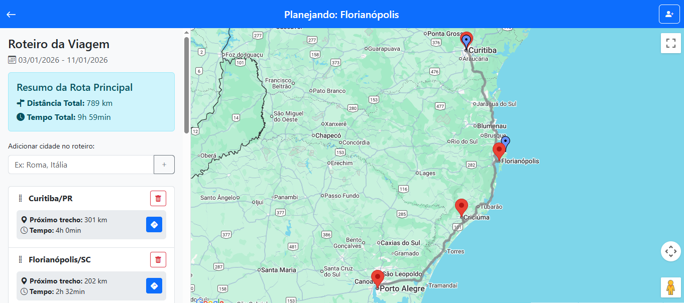 Mapa mostrando uma rota entre várias cidades.